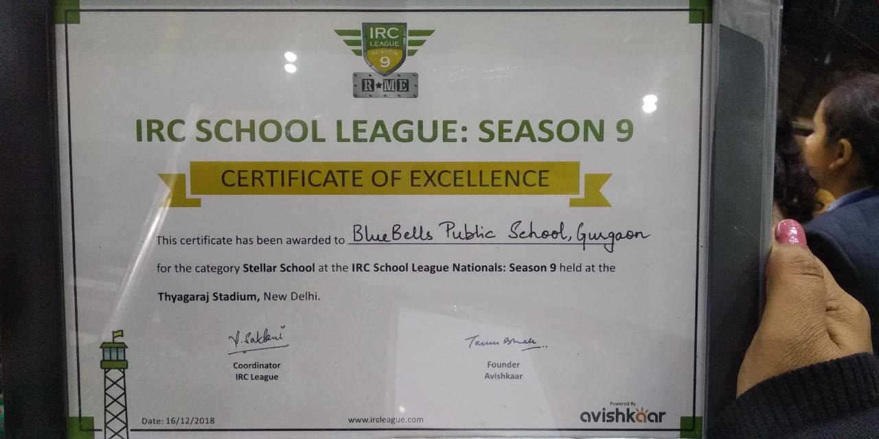 Brahm Dutt Blue Bells Public School CONFERRED WITH THE STELLAR SCHOOL AWARD AT IRC 9 NATIONAL FINALE